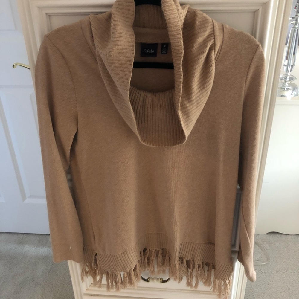Tan cowl neck fringe sweater
